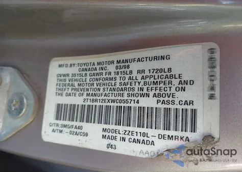 1998 Toyota Corolla Ve from USA, damaged, VIN 2T1BR12EXWC055714